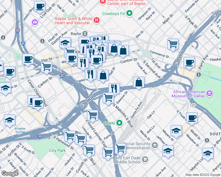 map of restaurants, bars, coffee shops, grocery stores, and more near in Dallas