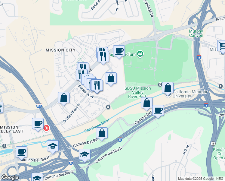 map of restaurants, bars, coffee shops, grocery stores, and more near 2149 Fenton Parkway in San Diego