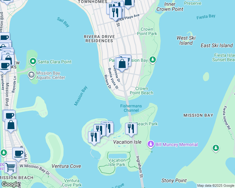 map of restaurants, bars, coffee shops, grocery stores, and more near 3335 Riviera Drive in San Diego