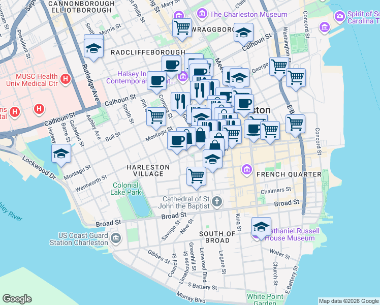 map of restaurants, bars, coffee shops, grocery stores, and more near 2 Coming Street in Charleston