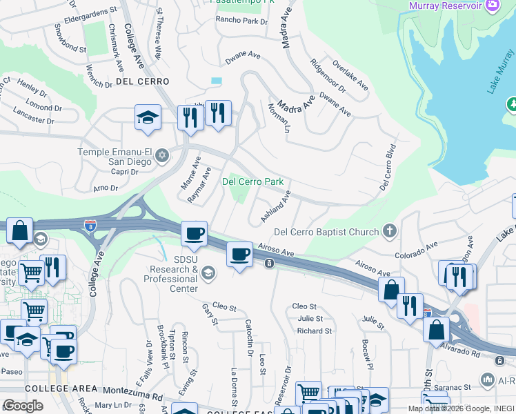 map of restaurants, bars, coffee shops, grocery stores, and more near 5669 Meredith Avenue in San Diego