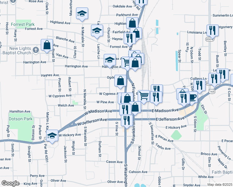 map of restaurants, bars, coffee shops, grocery stores, and more near 300 North Vine Street in Bastrop