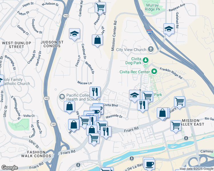 map of restaurants, bars, coffee shops, grocery stores, and more near 5862 Mission Center Road in San Diego