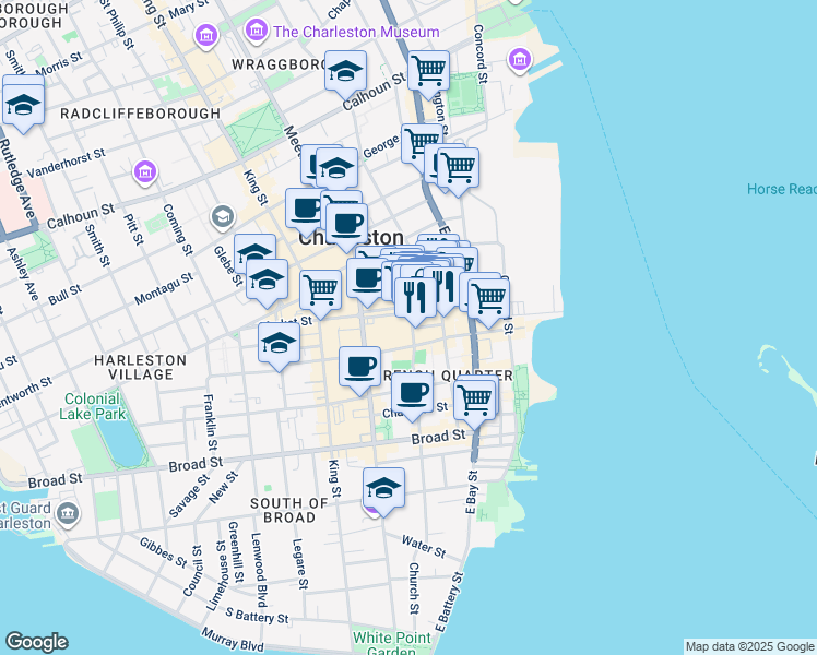 map of restaurants, bars, coffee shops, grocery stores, and more near 74 South Market Street in Charleston