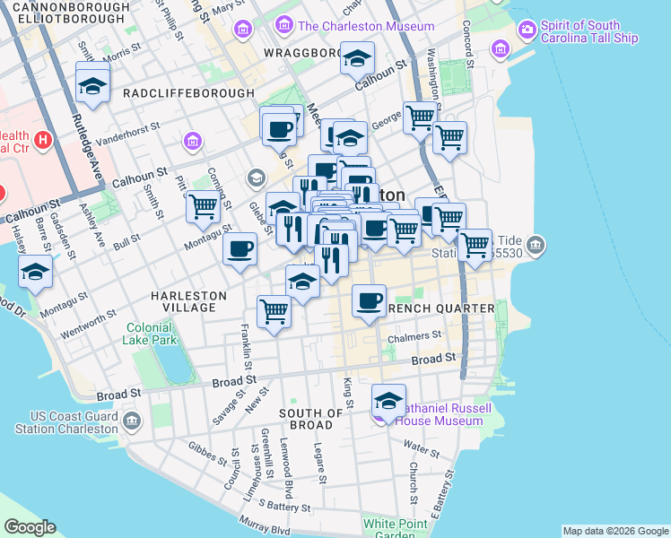 map of restaurants, bars, coffee shops, grocery stores, and more near in Charleston