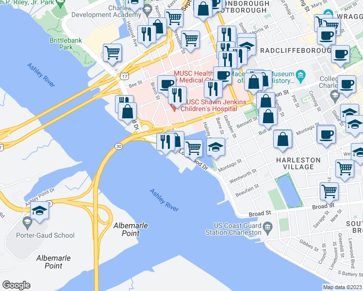 map of restaurants, bars, coffee shops, grocery stores, and more near in Charleston