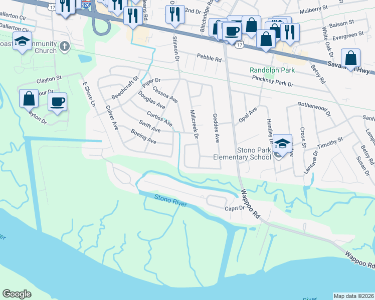 map of restaurants, bars, coffee shops, grocery stores, and more near 255 Marsh Oaks Drive in Charleston