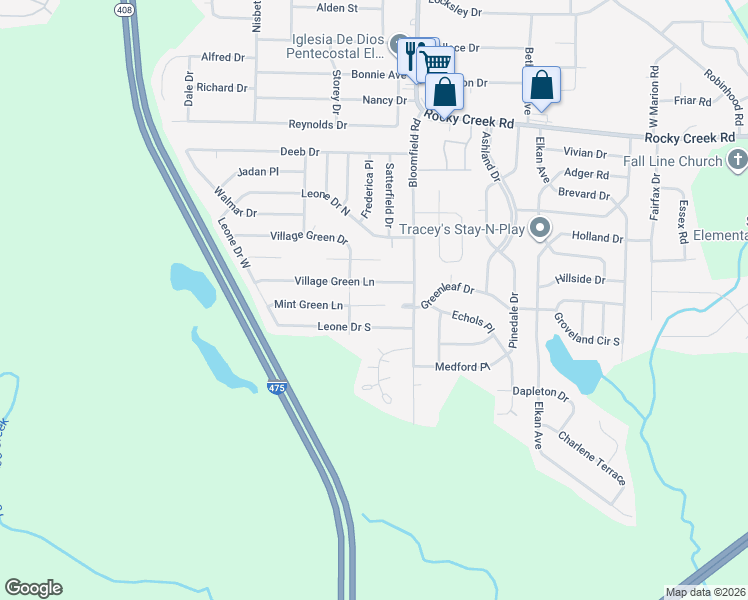 map of restaurants, bars, coffee shops, grocery stores, and more near 2655 Village Green Lane in Macon