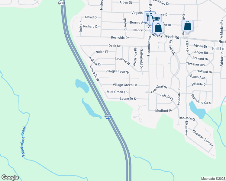 map of restaurants, bars, coffee shops, grocery stores, and more near 2774 Village Green Lane in Macon
