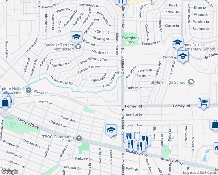 map of restaurants, bars, coffee shops, grocery stores, and more near 5019 Hollow Ridge Road in Dallas