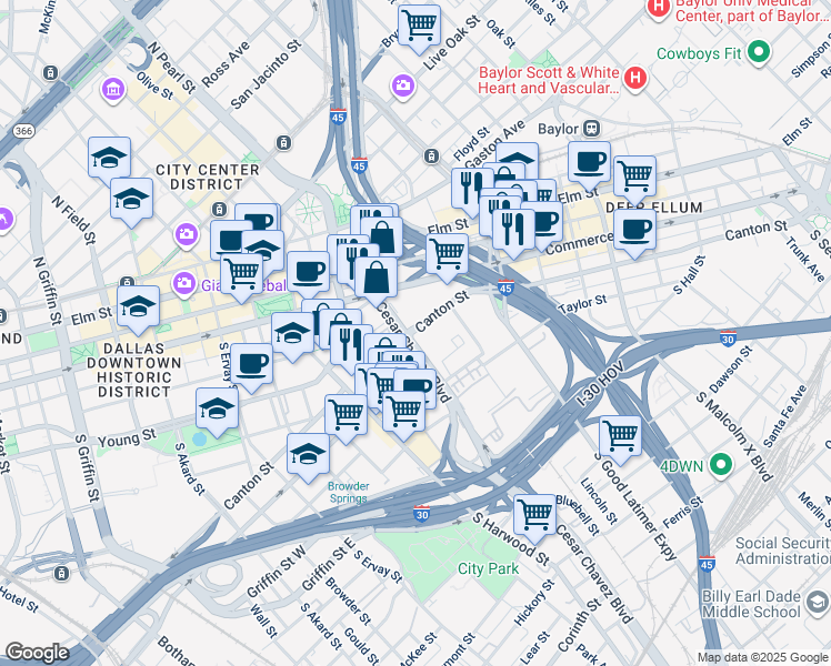 map of restaurants, bars, coffee shops, grocery stores, and more near 125 Canton Street in Dallas