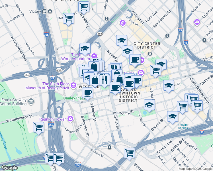 map of restaurants, bars, coffee shops, grocery stores, and more near in Dallas