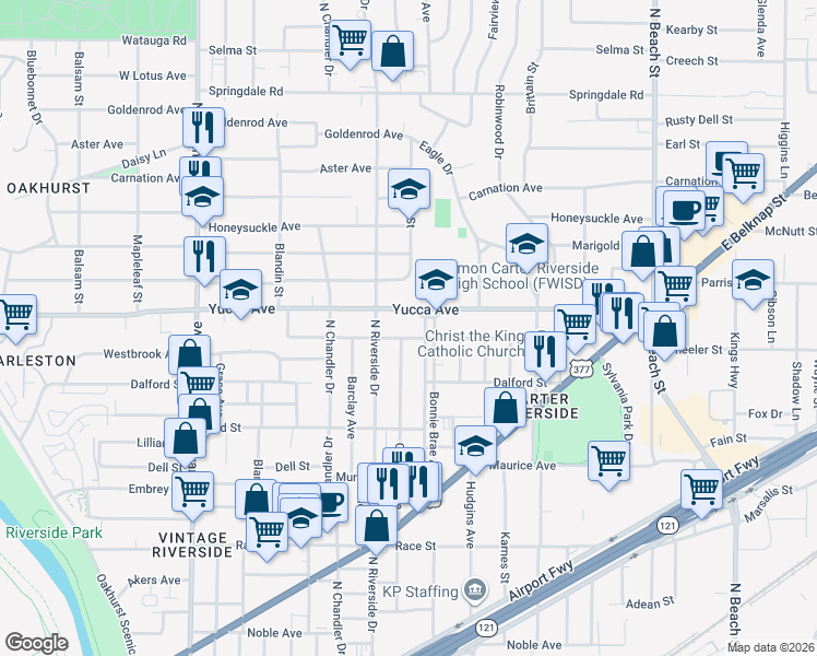 map of restaurants, bars, coffee shops, grocery stores, and more near 3116 Yucca Avenue in Fort Worth