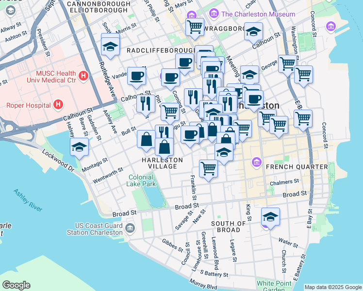 map of restaurants, bars, coffee shops, grocery stores, and more near 14 Pitt Street in Charleston