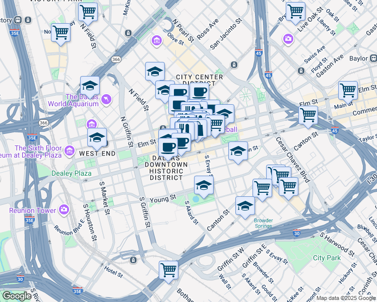 map of restaurants, bars, coffee shops, grocery stores, and more near 1511 Commerce Street in Dallas