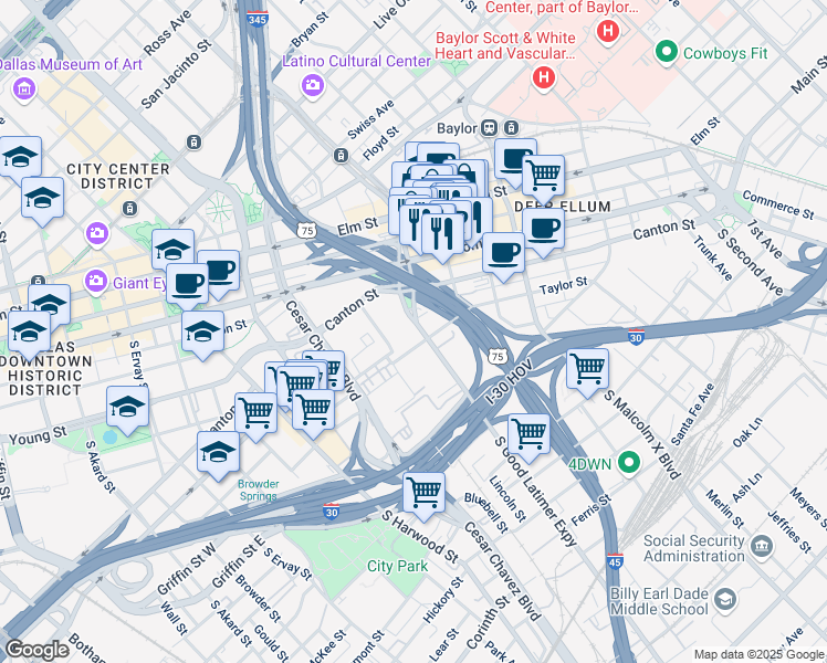 map of restaurants, bars, coffee shops, grocery stores, and more near 2425 Taylor Street in Dallas
