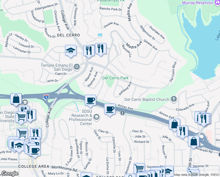 map of restaurants, bars, coffee shops, grocery stores, and more near 5675 Dartford Way in San Diego
