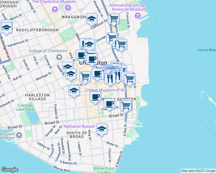 map of restaurants, bars, coffee shops, grocery stores, and more near 74 South Market Street in Charleston