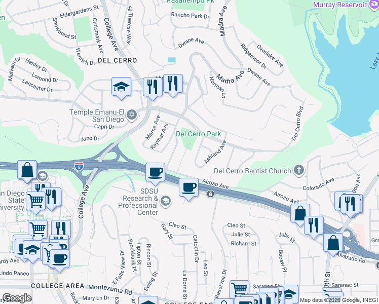 map of restaurants, bars, coffee shops, grocery stores, and more near 5675 Dartford Way in San Diego