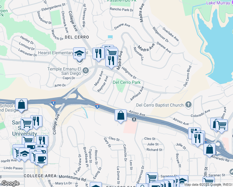 map of restaurants, bars, coffee shops, grocery stores, and more near 5672 Dartford Way in San Diego