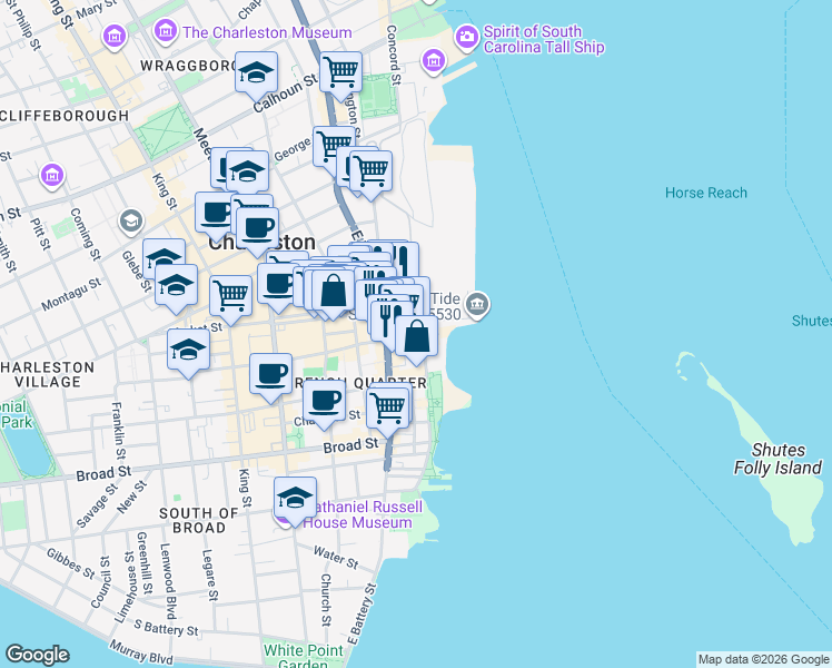 map of restaurants, bars, coffee shops, grocery stores, and more near 186 Concord St in Charleston