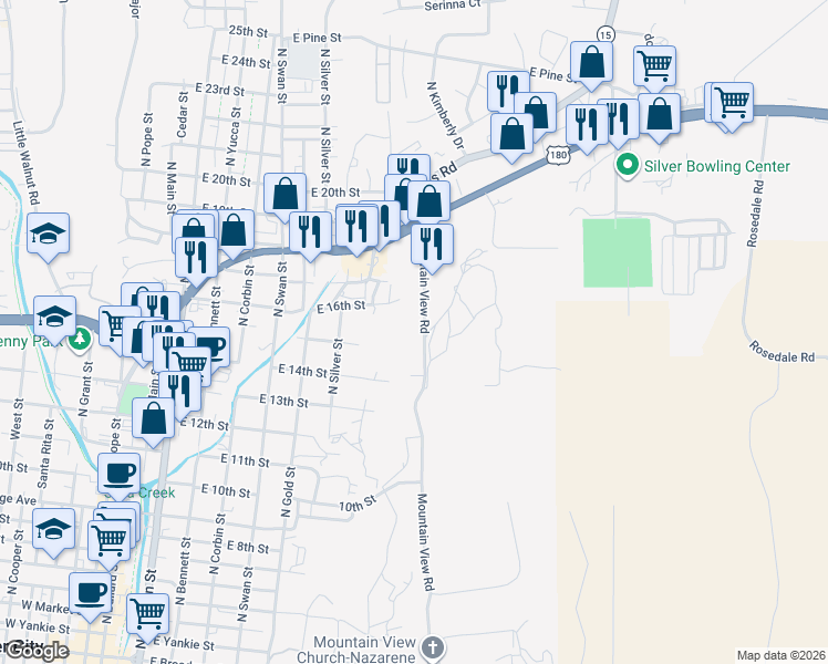 map of restaurants, bars, coffee shops, grocery stores, and more near 1401 Mountain View Road in Silver City