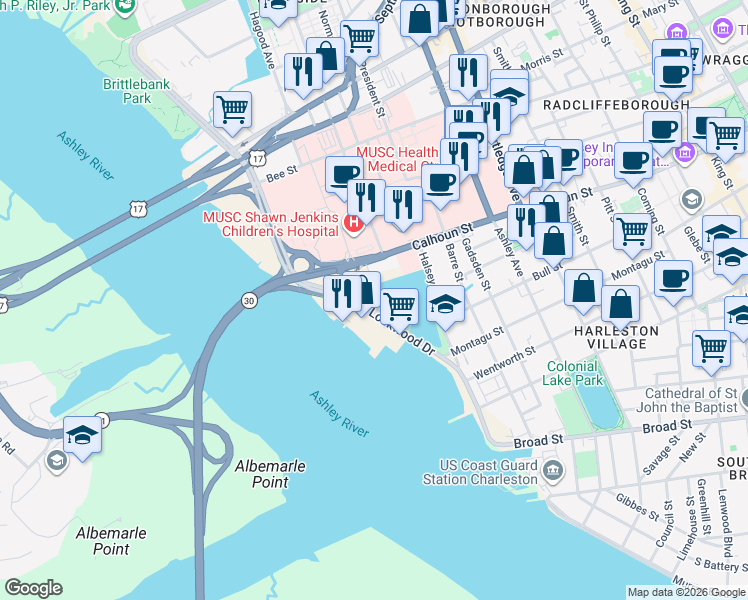 map of restaurants, bars, coffee shops, grocery stores, and more near in Charleston