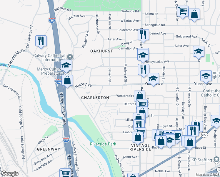 map of restaurants, bars, coffee shops, grocery stores, and more near 2315 Yucca Avenue in Fort Worth