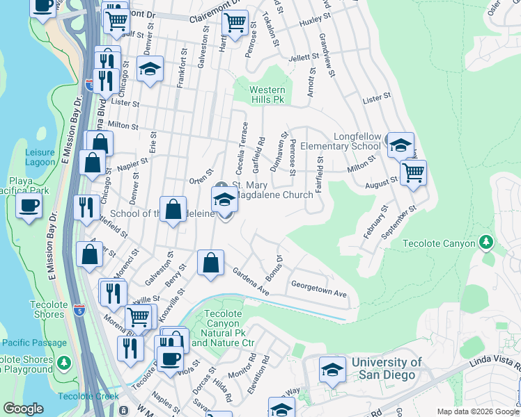 map of restaurants, bars, coffee shops, grocery stores, and more near 2019 Garfield Road in San Diego