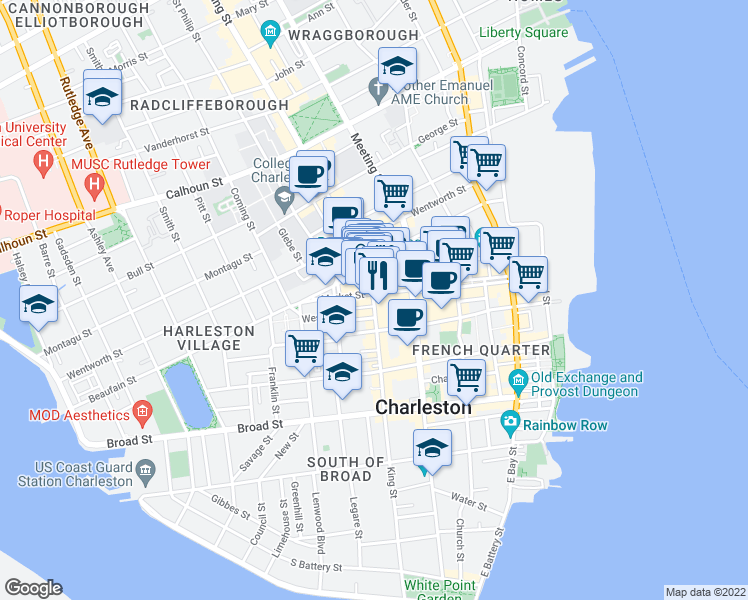 map of restaurants, bars, coffee shops, grocery stores, and more near in Charleston