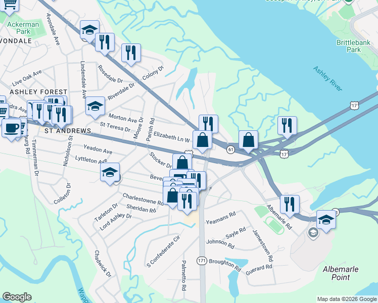 map of restaurants, bars, coffee shops, grocery stores, and more near 528 Savannah Highway in Charleston
