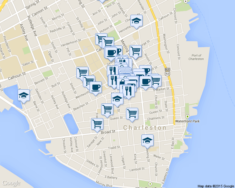 map of restaurants, bars, coffee shops, grocery stores, and more near 159 Market Street in Charleston