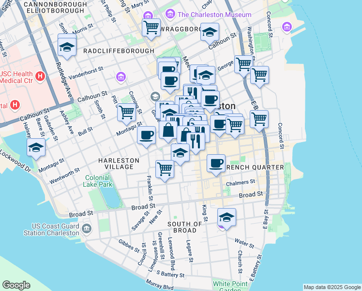 map of restaurants, bars, coffee shops, grocery stores, and more near 164 Market Street in Charleston
