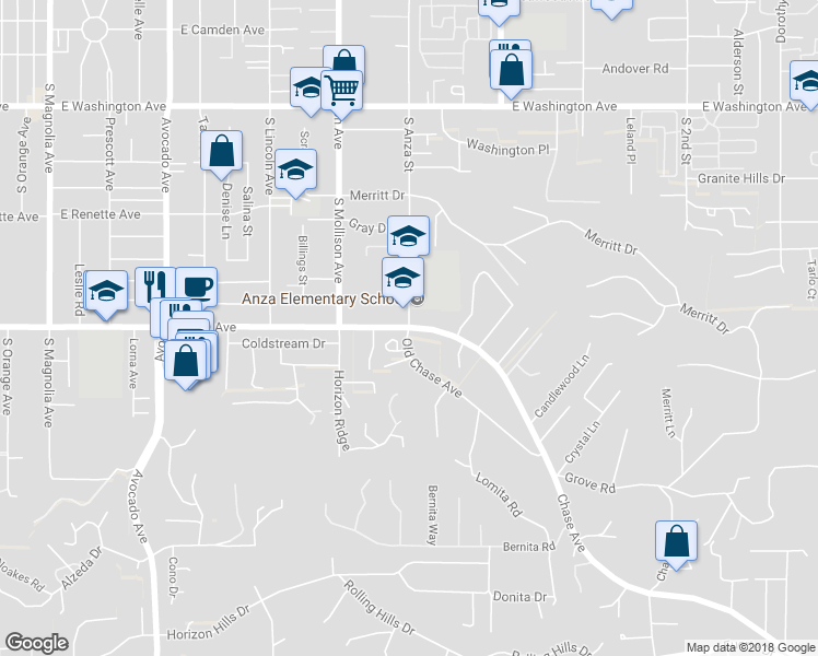 map of restaurants, bars, coffee shops, grocery stores, and more near East Chase Avenue & South Anza Street in El Cajon