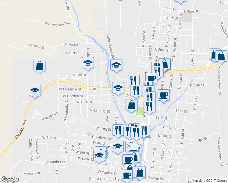 map of restaurants, bars, coffee shops, grocery stores, and more near 330 U.S. 180 in Silver City