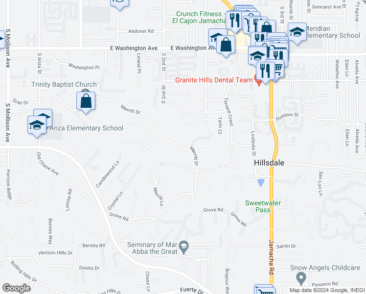 map of restaurants, bars, coffee shops, grocery stores, and more near 1390 Merritt Drive in El Cajon