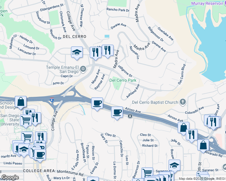 map of restaurants, bars, coffee shops, grocery stores, and more near 5672 Dartford Way in San Diego
