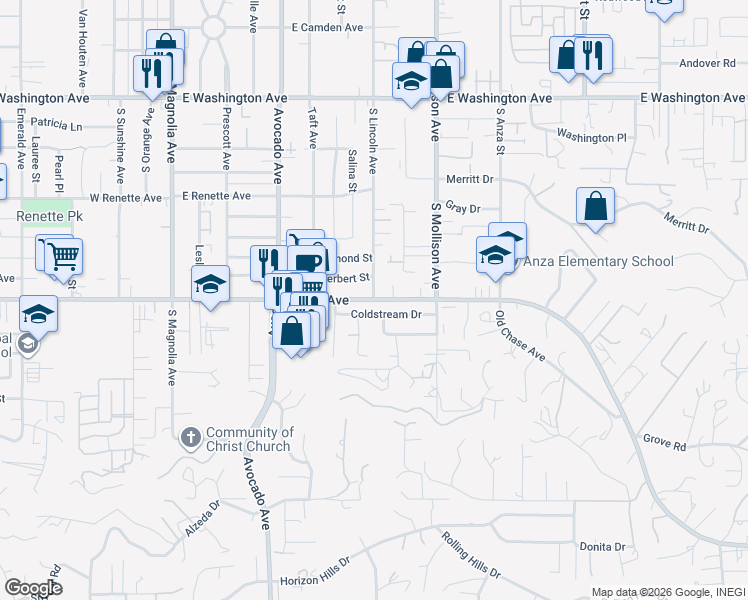 map of restaurants, bars, coffee shops, grocery stores, and more near Chase Avenue in El Cajon