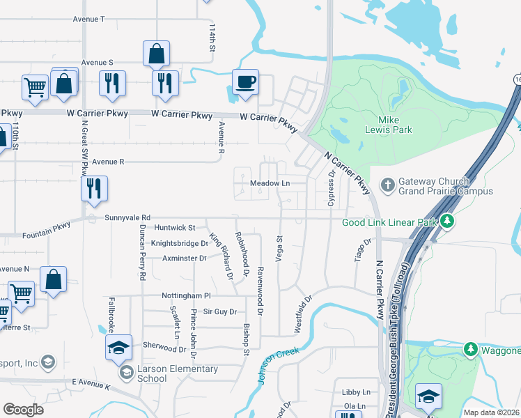 map of restaurants, bars, coffee shops, grocery stores, and more near 2413 Vega Street in Grand Prairie