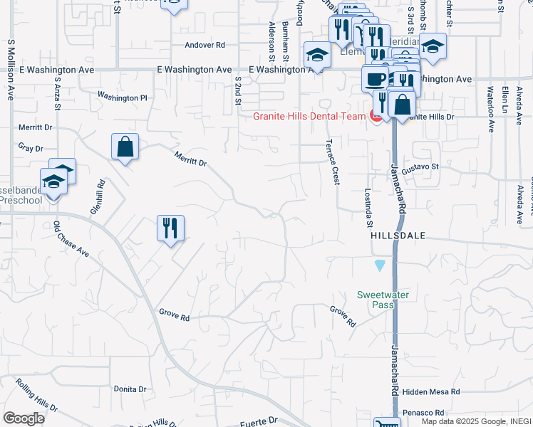 map of restaurants, bars, coffee shops, grocery stores, and more near 1374 Merritt Drive in El Cajon
