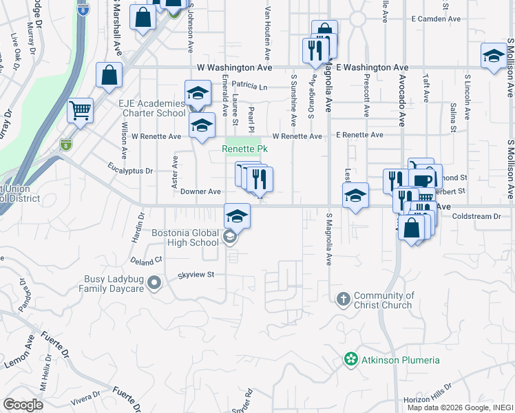 map of restaurants, bars, coffee shops, grocery stores, and more near 1060 Estes Street in El Cajon