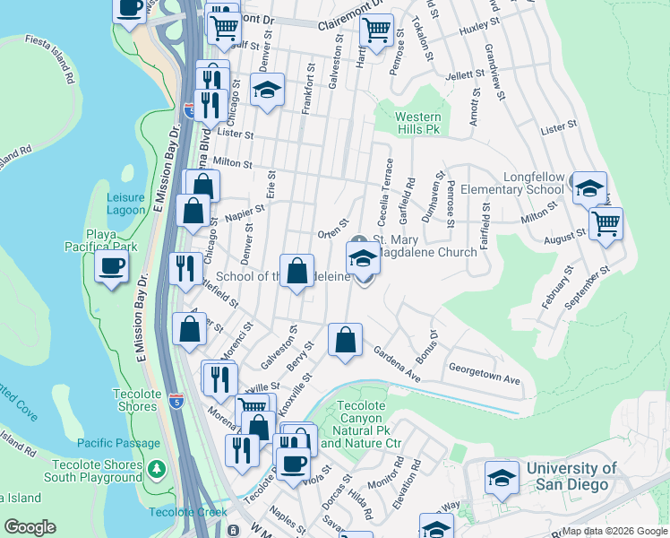 map of restaurants, bars, coffee shops, grocery stores, and more near 1973 Magdalene Way in San Diego