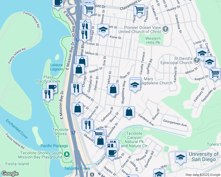 map of restaurants, bars, coffee shops, grocery stores, and more near 1951 Frankfort Street in San Diego