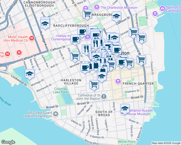 map of restaurants, bars, coffee shops, grocery stores, and more near 107 Wentworth Street in Charleston