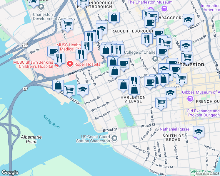 map of restaurants, bars, coffee shops, grocery stores, and more near 109 Bull Street in Charleston