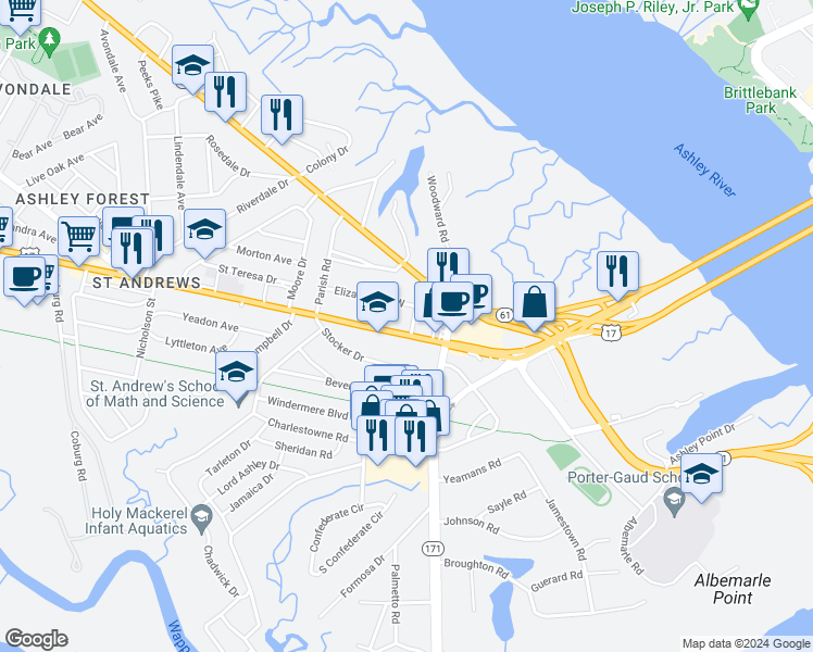 map of restaurants, bars, coffee shops, grocery stores, and more near 539 Elizabeth Lane West in Charleston