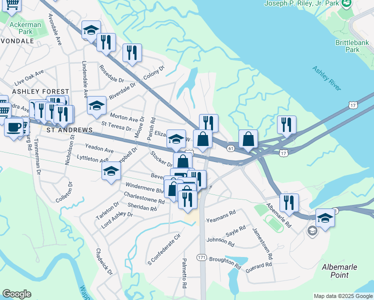 map of restaurants, bars, coffee shops, grocery stores, and more near 539 Elizabeth Lane West in Charleston