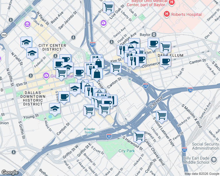 map of restaurants, bars, coffee shops, grocery stores, and more near 2213 Canton Street in Dallas