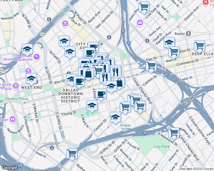 map of restaurants, bars, coffee shops, grocery stores, and more near 1810 Commerce Street in Dallas
