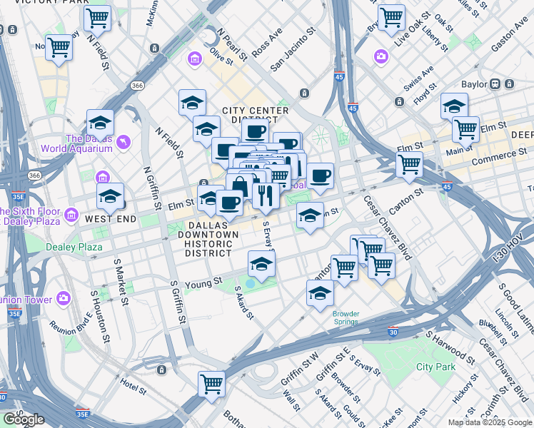 map of restaurants, bars, coffee shops, grocery stores, and more near in Dallas